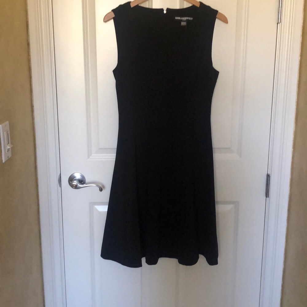 Karl Lagerfeld Black Swing Dress,V Neck, Sleeveless Princess Seans Front & Back